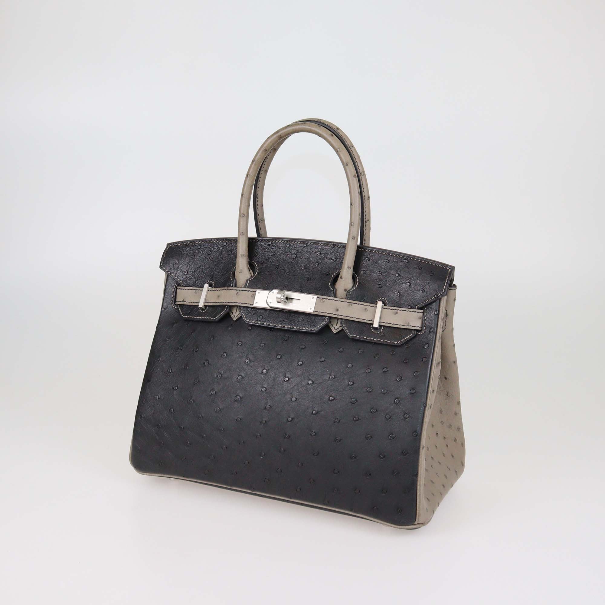 Hermes Black/Gris Agate Ostrich Brushed Palladium Special Order Birkin 30 Bag