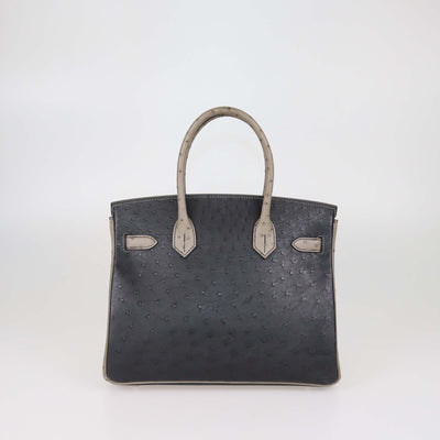 Hermes Black/Gris Agate Ostrich Brushed Palladium Special Order Birkin 30 Bag
