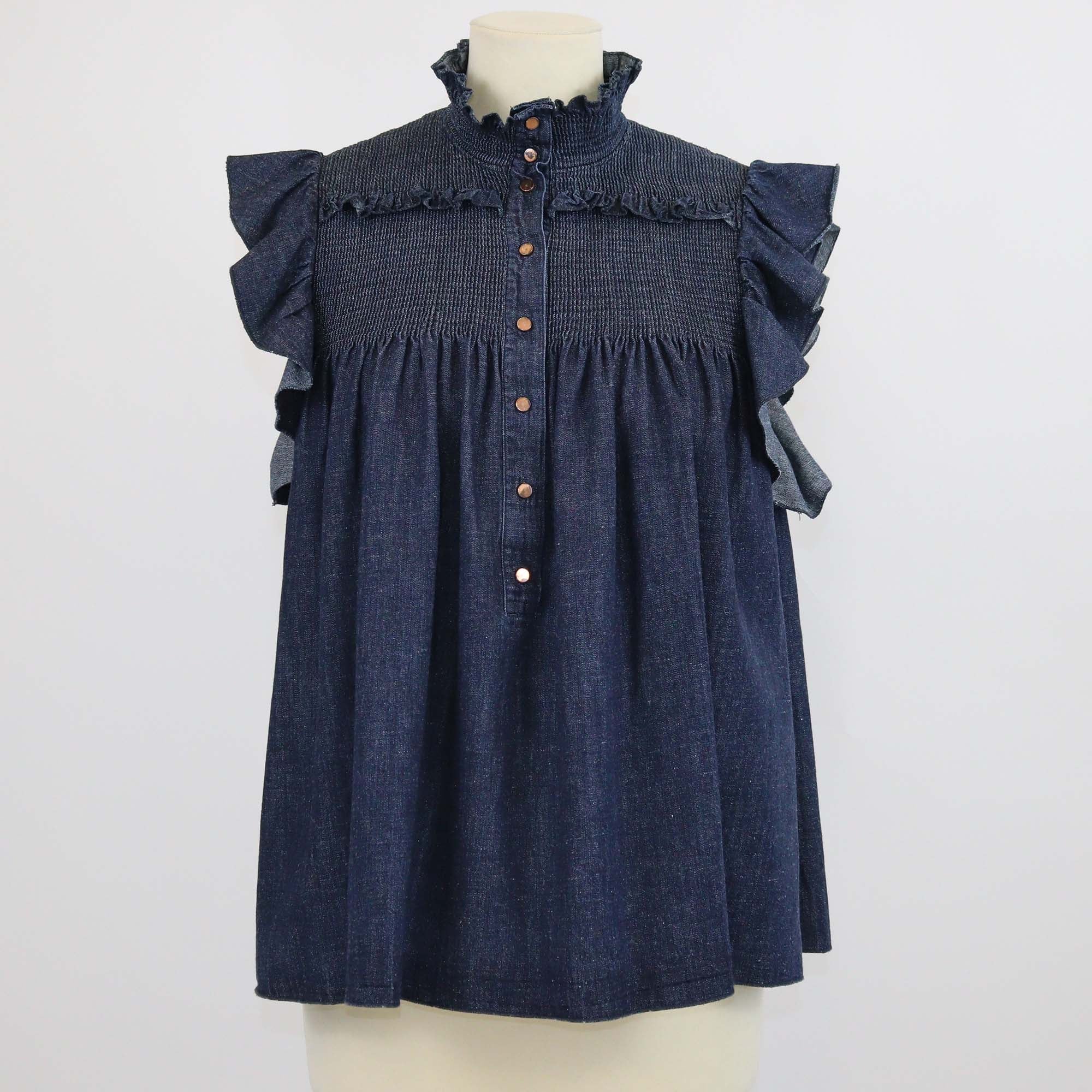 See by Chloe Dark Blue Denim Pintuck Ruffled Blouse