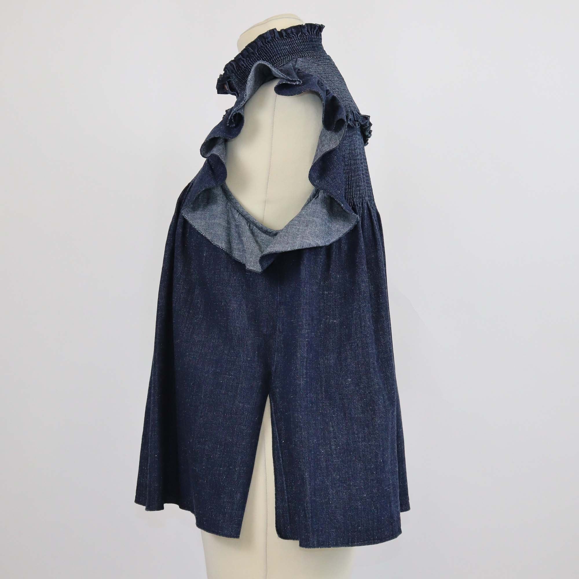 See by Chloe Dark Blue Denim Pintuck Ruffled Blouse