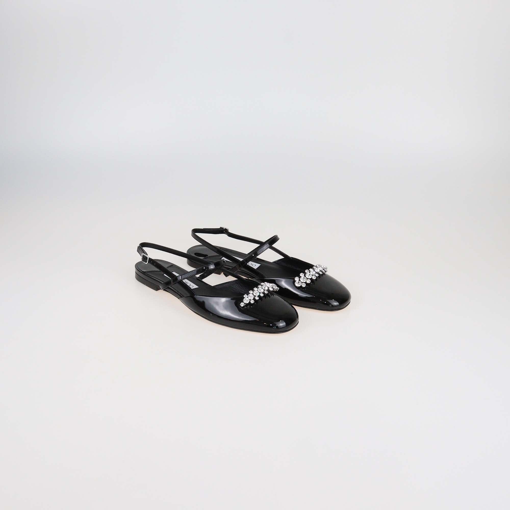 Jimmy Choo Black Patent Leather Crystal Embellished Belinda Slingback Ballet Flats Womens Jimmy Choo 