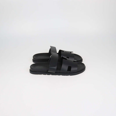 Hermes Black Leather Chypre Sandals
