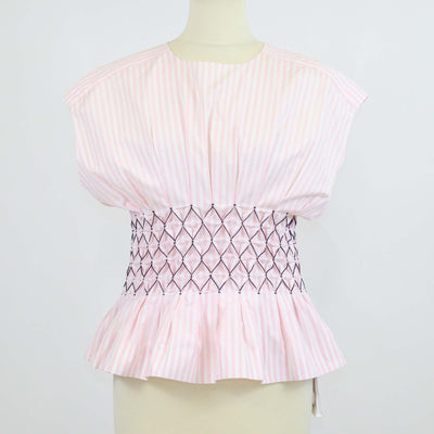 Chanel Pink/White Cotton Striped Smocked Waist Sleeveless Tops
