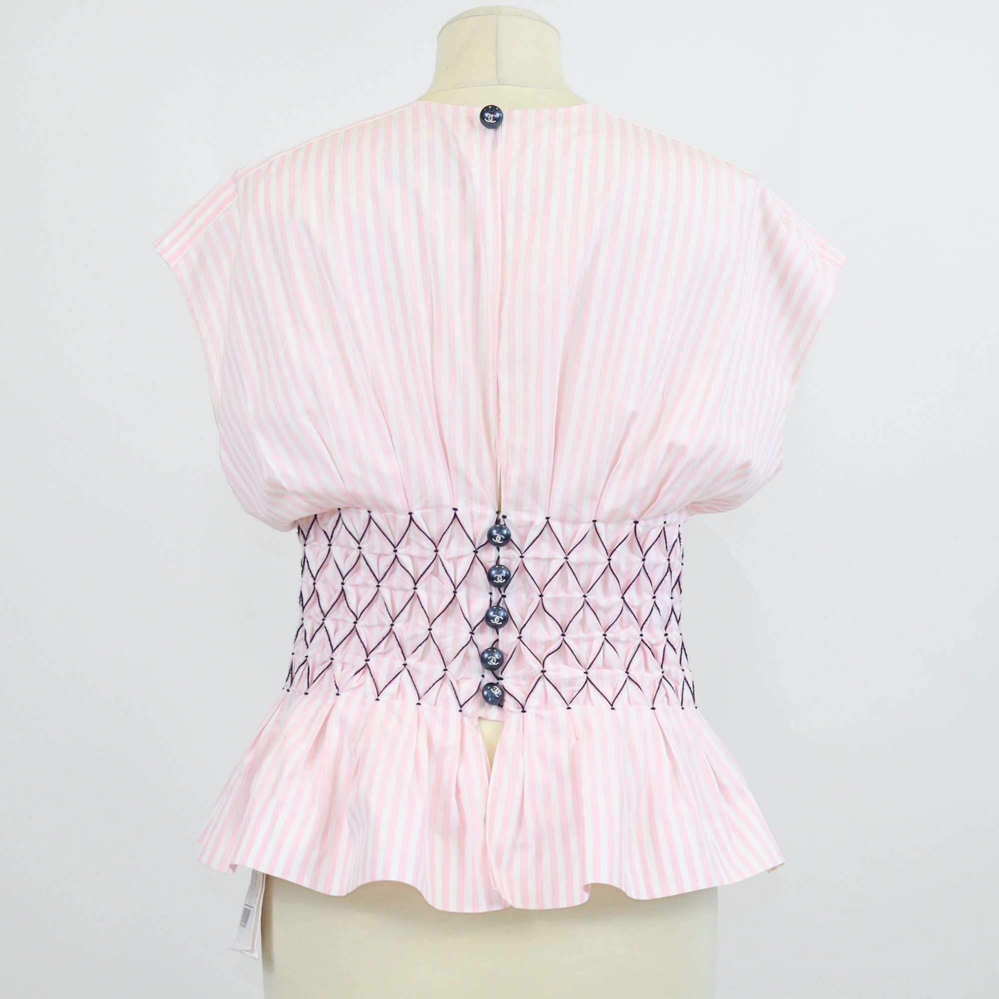 Chanel Pink/White Cotton Striped Smocked Waist Sleeveless Tops