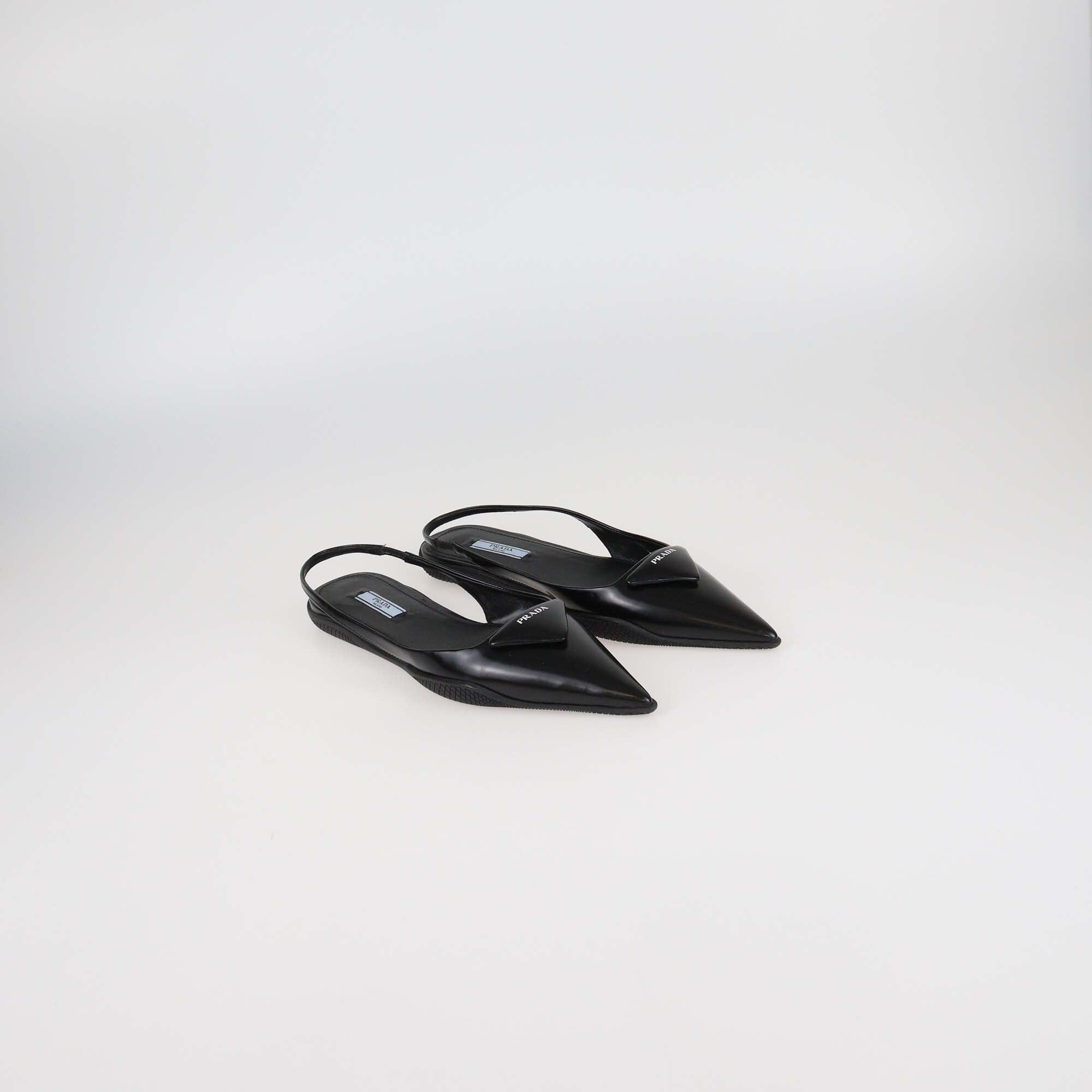 Prada Black Leather Triangle Logo Pointed Toe Slingback Pumps Womens Prada 