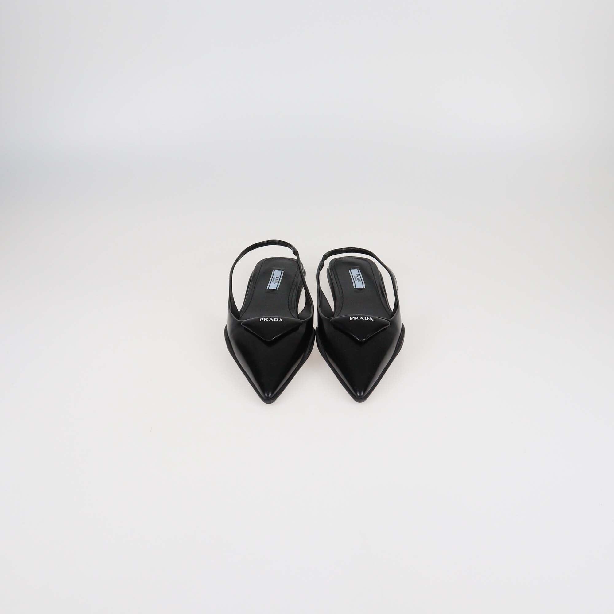 Prada Black Leather Triangle Logo Pointed Toe Slingback Pumps Womens Prada 