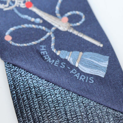 Hermes Bleu Marine Silk Les Cles a Pois Leather Fringes Twilly