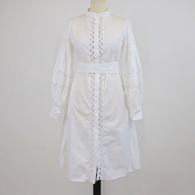 CH Carolina Herrera White Cotton Cutout Detail Belted Long Sleeve Midi Dress