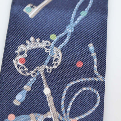 Hermes Bleu Marine Silk Les Cles a Pois Leather Fringes Twilly