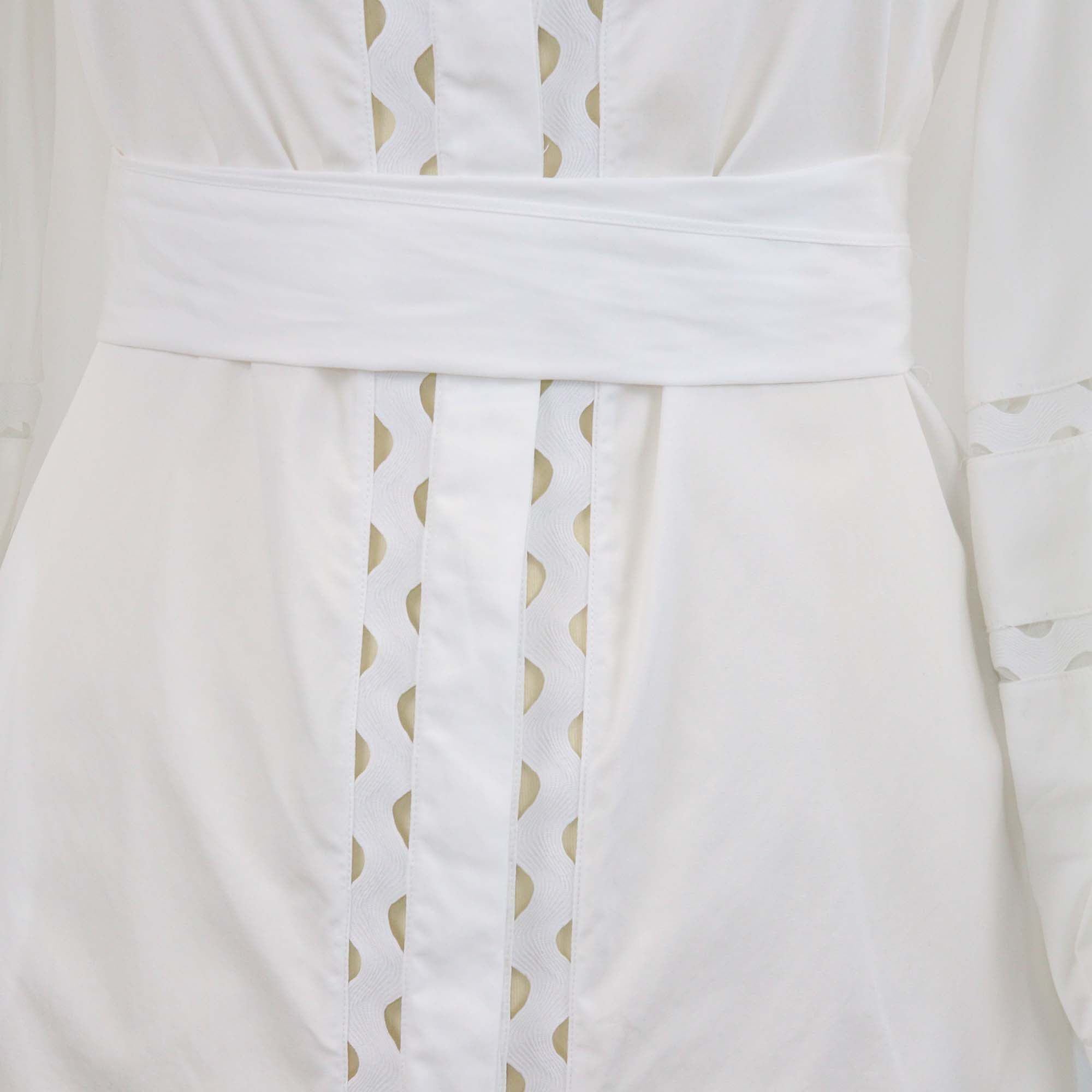 CH Carolina Herrera White Cotton Cutout Detail Belted Long Sleeve Midi Dress