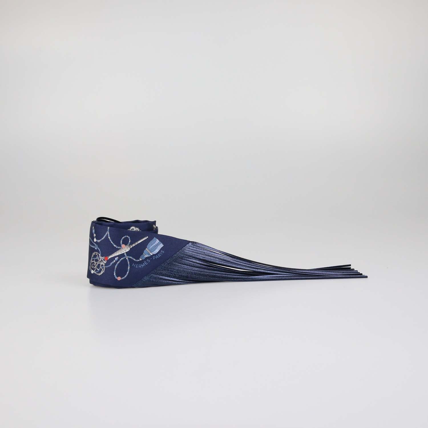 Hermes Bleu Marine Silk Les Cles a Pois Leather Fringes Twilly