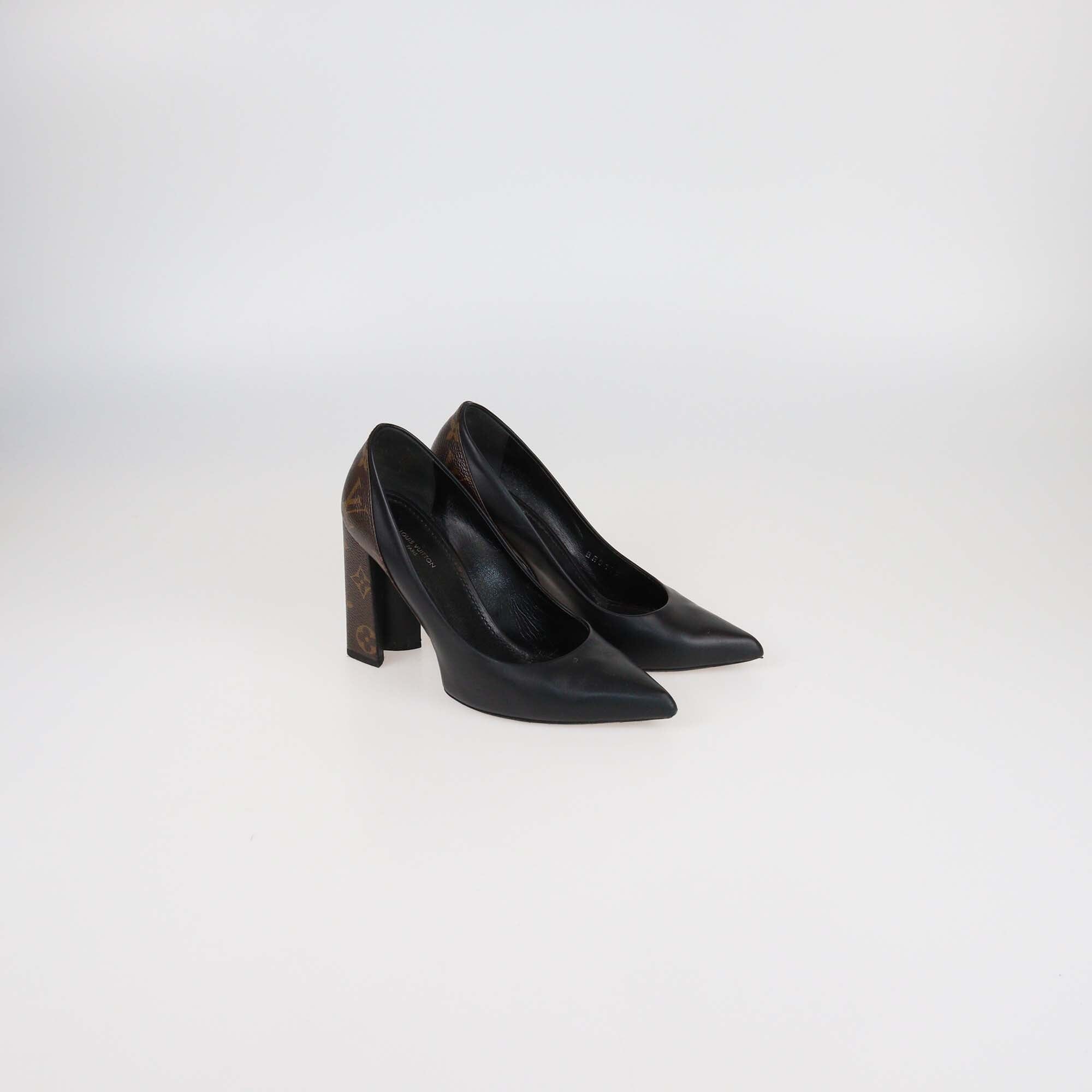 Louis Vuitton Black/Brown Leather and Monogram Canvas Pointed Toe Block Heel Pumps Womens Louis Vuitton 