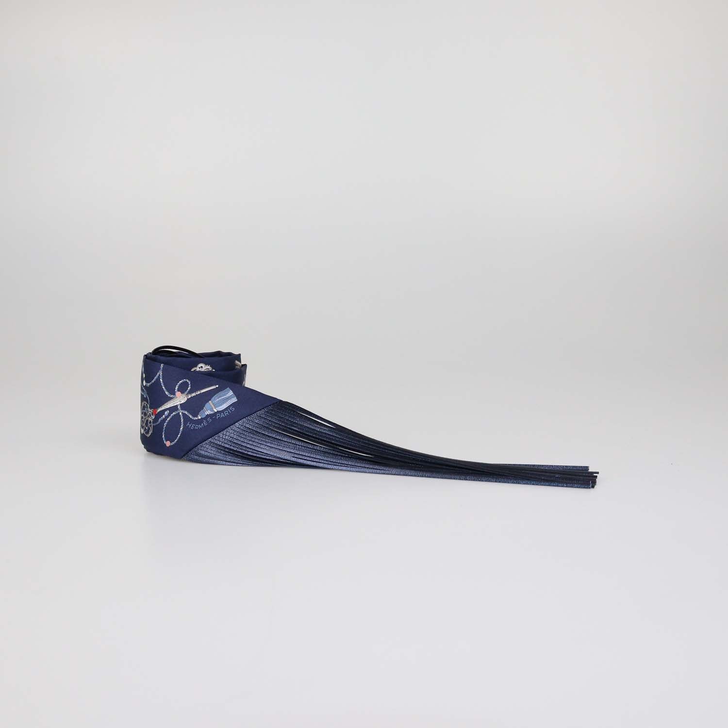 Hermes Bleu Marine Silk Les Cles a Pois Leather Fringes Twilly