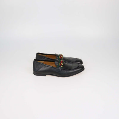 Gucci Black Leather Web Horsebit Loafers