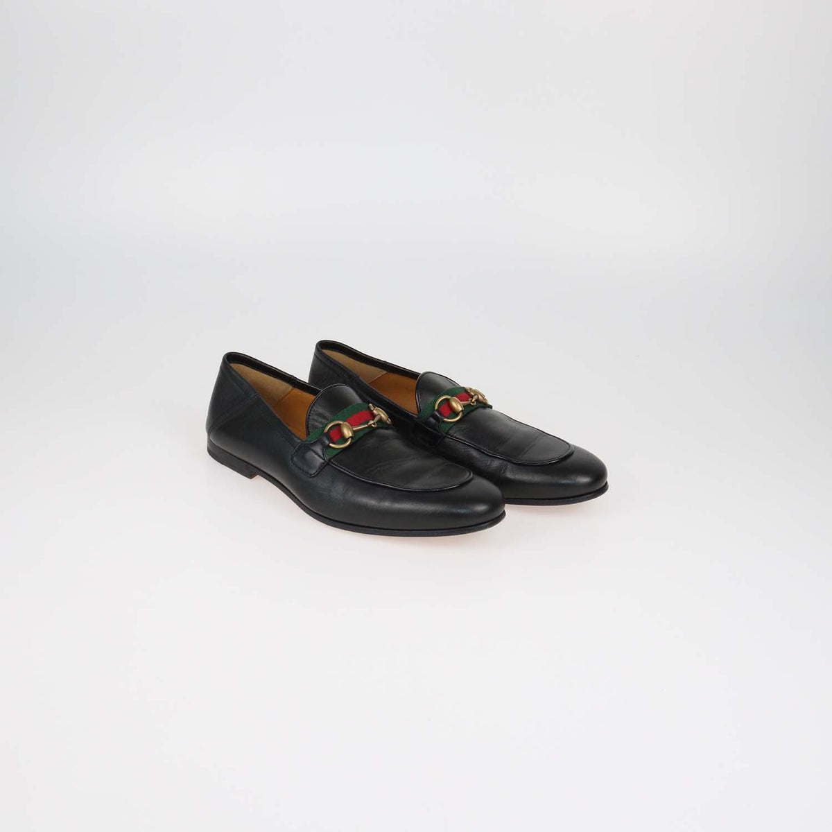 Gucci Black Leather Web Horsebit Loafers