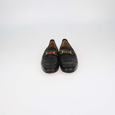 Gucci Black Leather Web Horsebit Loafers