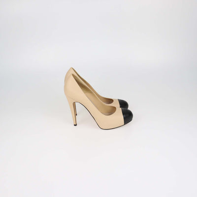 Chanel Beige,Black Leather Platform Cap Toe Pumps