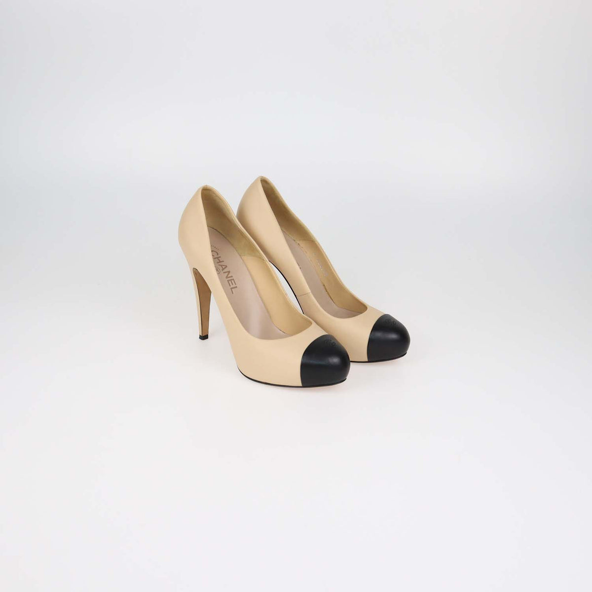 Chanel Beige,Black Leather Platform Cap Toe Pumps