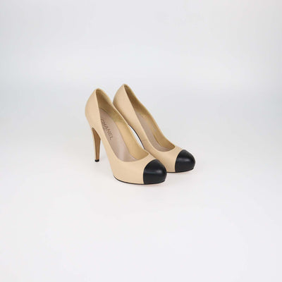 Chanel Beige,Black Leather Platform Cap Toe Pumps