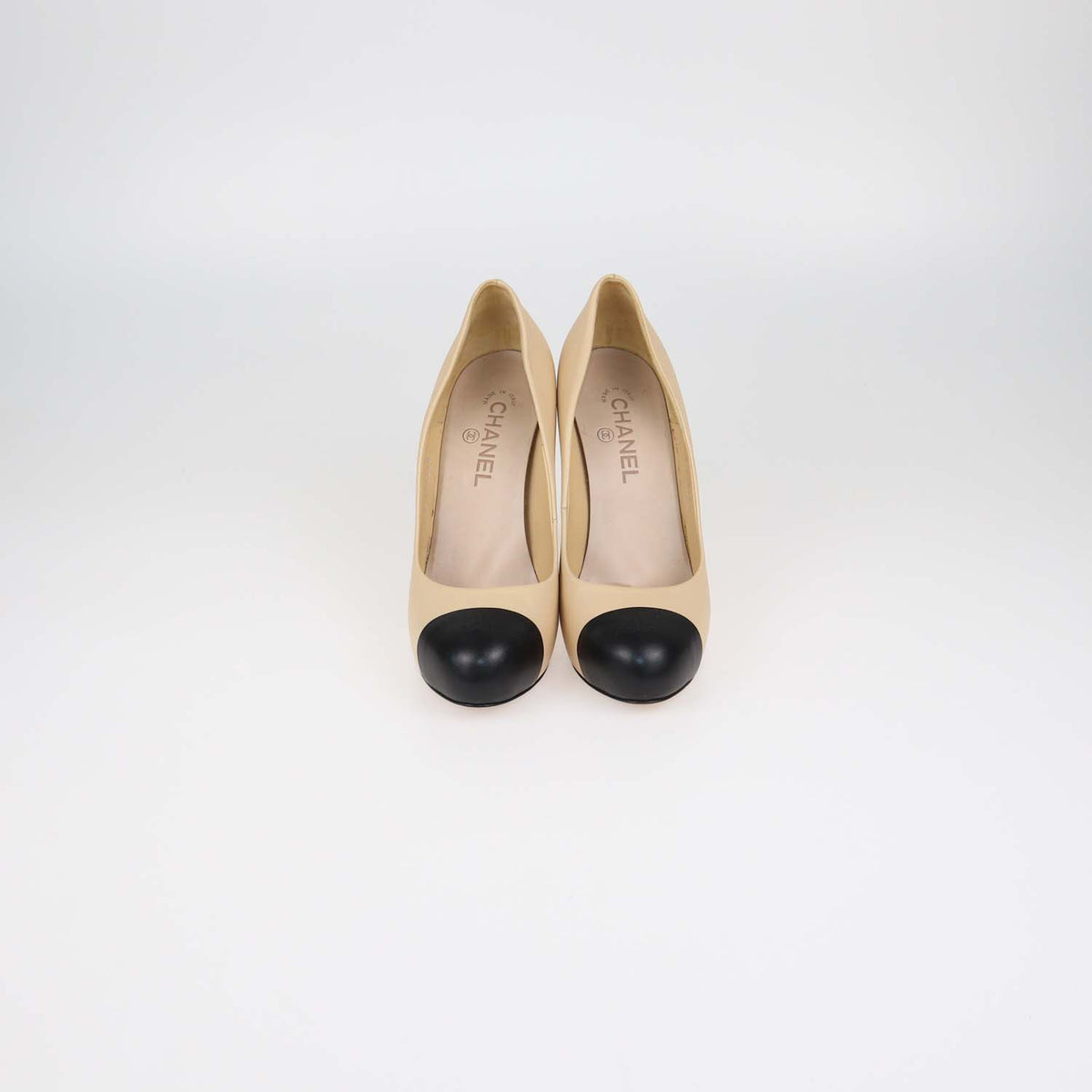 Chanel Beige,Black Leather Platform Cap Toe Pumps