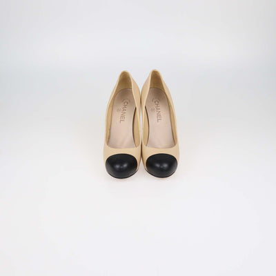 Chanel Beige,Black Leather Platform Cap Toe Pumps
