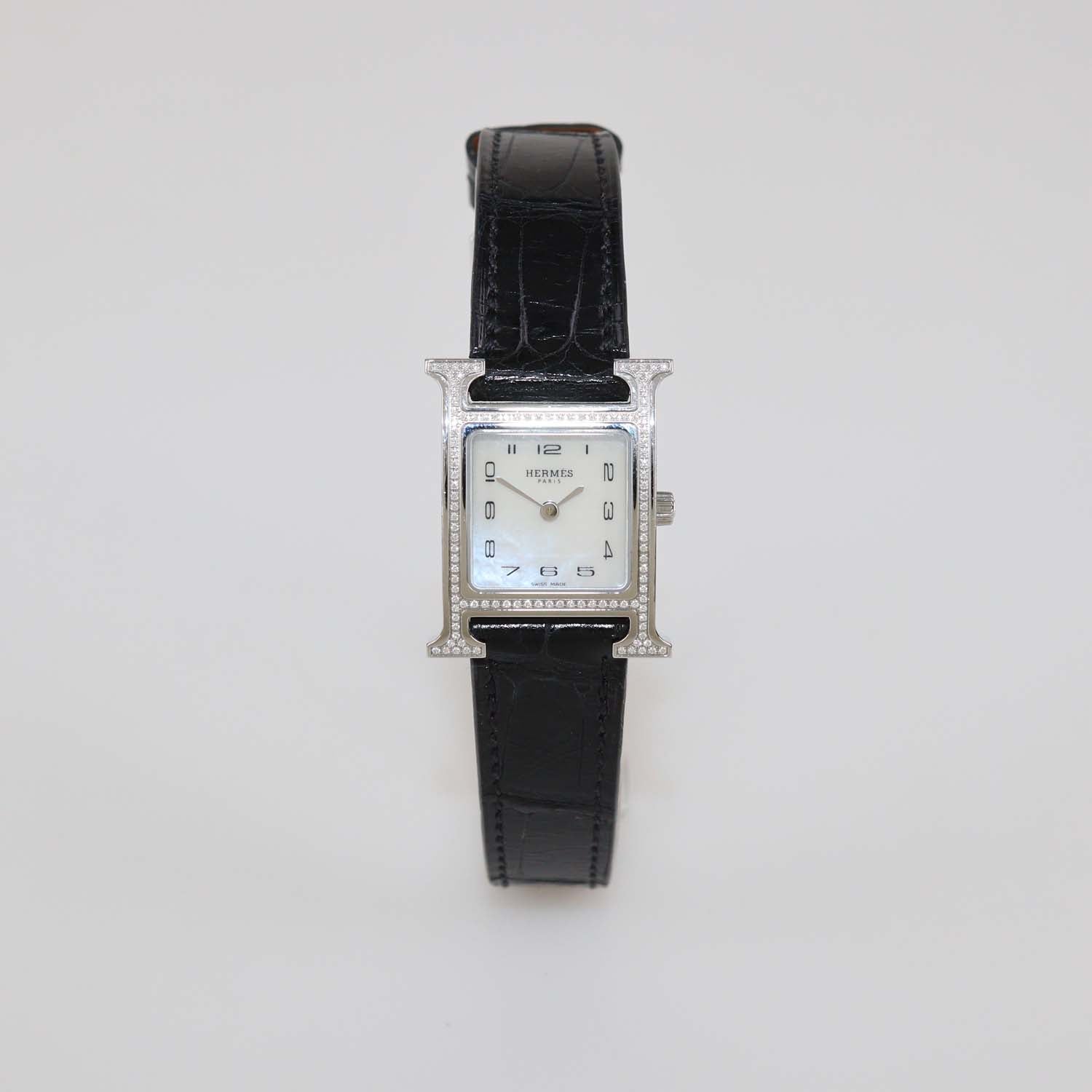 Hermes White MOP Stainless Steel Diamond Alligator Leather Heure H Watch 21 mm