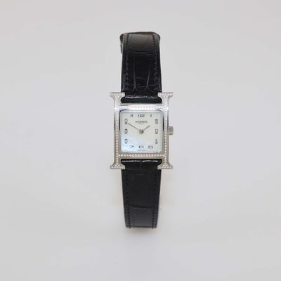 Hermes White MOP Stainless Steel Diamond Alligator Leather Heure H Watch 21 mm