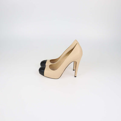 Chanel Beige,Black Leather Platform Cap Toe Pumps