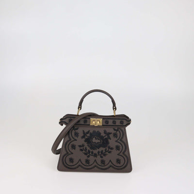 Fendi Dark Brown Leather Embroidered Petite Peekaboo I see U Top Handle Bag