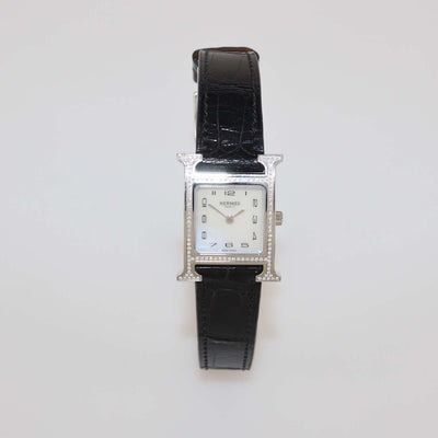 Hermes White MOP Stainless Steel Diamond Alligator Leather Heure H Watch 21 mm