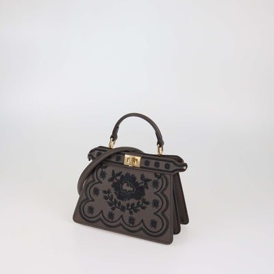 Fendi Dark Brown Leather Embroidered Petite Peekaboo I see U Top Handle Bag