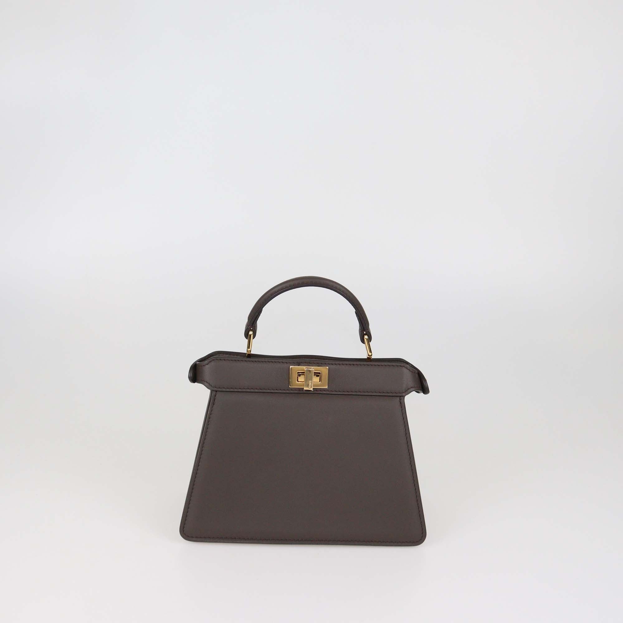 Fendi Dark Brown Leather Embroidered Petite Peekaboo I see U Top Handle Bag