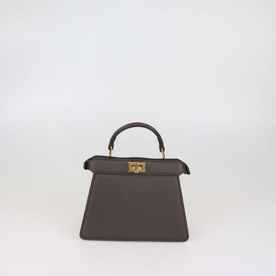Fendi Dark Brown Leather Embroidered Petite Peekaboo I see U Top Handle Bag