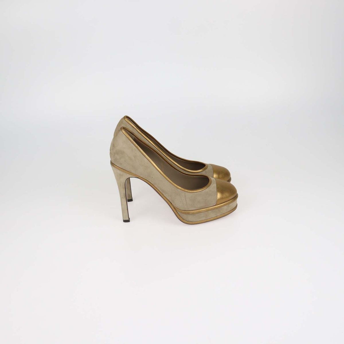Chanel Beige,Gold Suede and Leather Platform Cap Toe Pumps