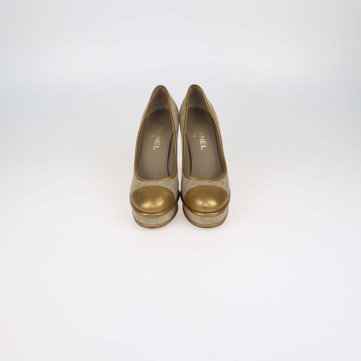 Chanel Beige,Gold Suede and Leather Platform Cap Toe Pumps