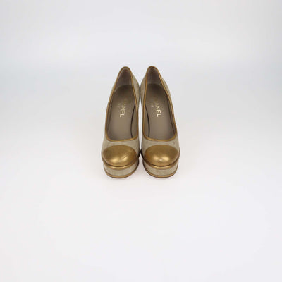 Chanel Beige,Gold Suede and Leather Platform Cap Toe Pumps