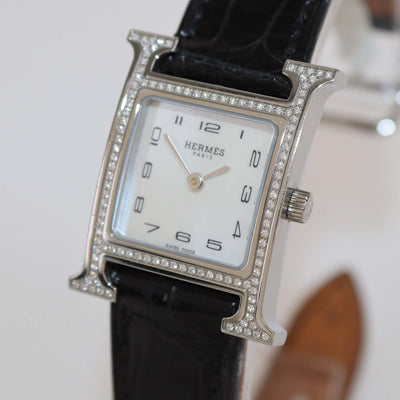 Hermes White MOP Stainless Steel Diamond Alligator Leather Heure H Watch 21 mm