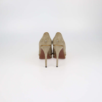 Chanel Beige,Gold Suede and Leather Platform Cap Toe Pumps