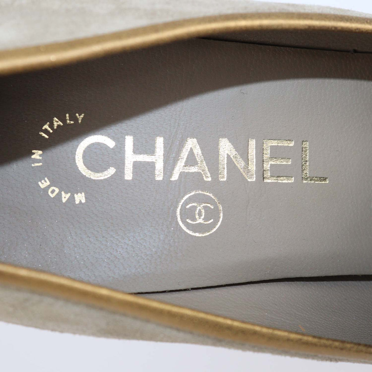 Chanel Beige,Gold Suede and Leather Platform Cap Toe Pumps