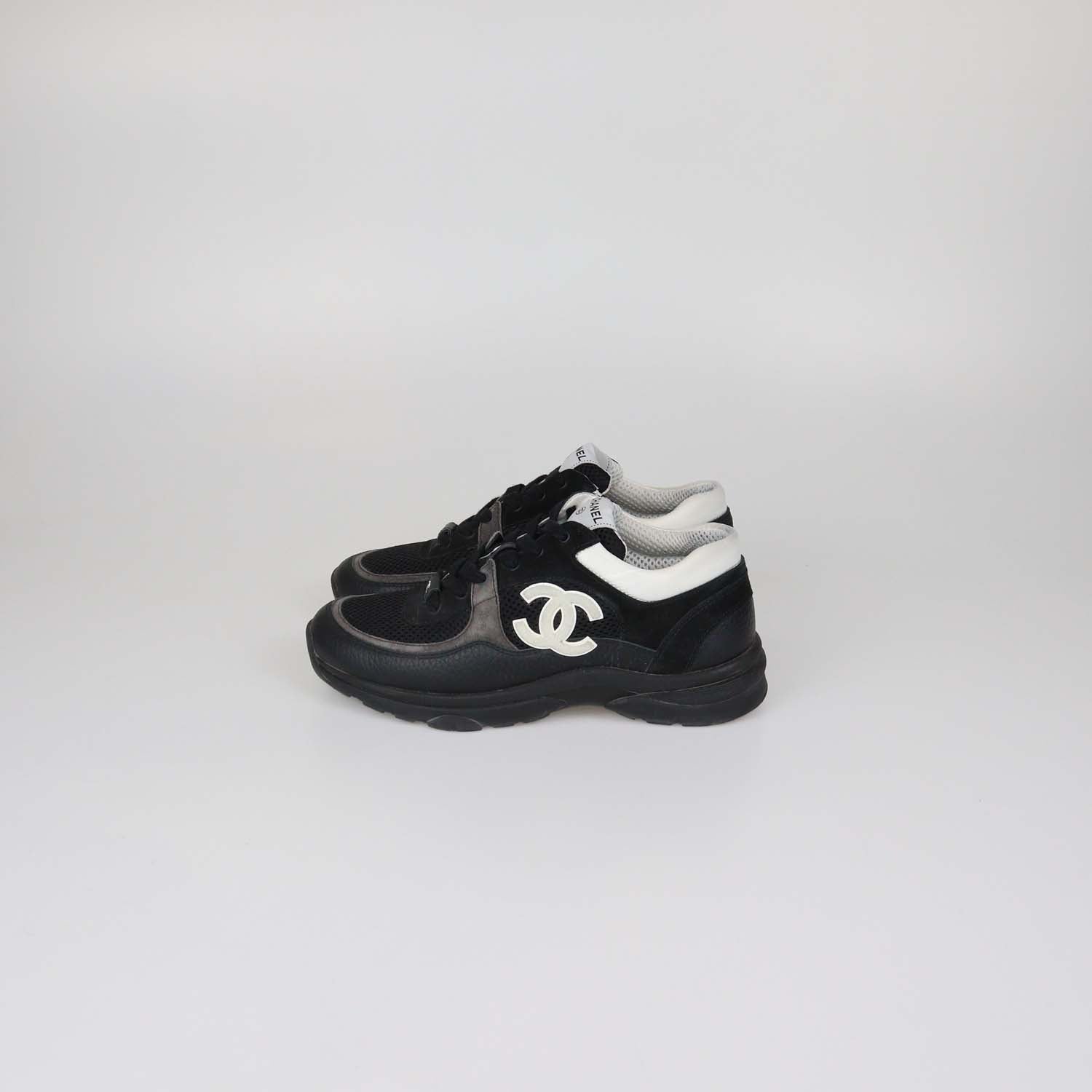 Chanel Black/White Mesh and Leather CC Low Top Sneakers