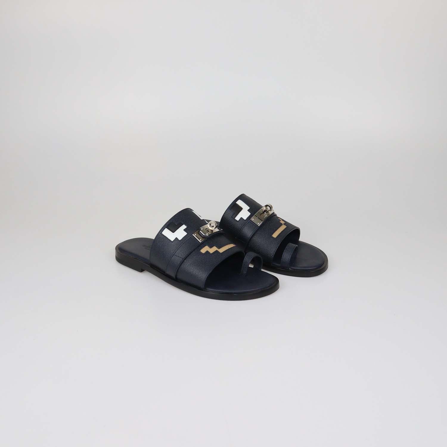 Hermes Multicolor Marine Epsom Leather Joke Flat Sandals