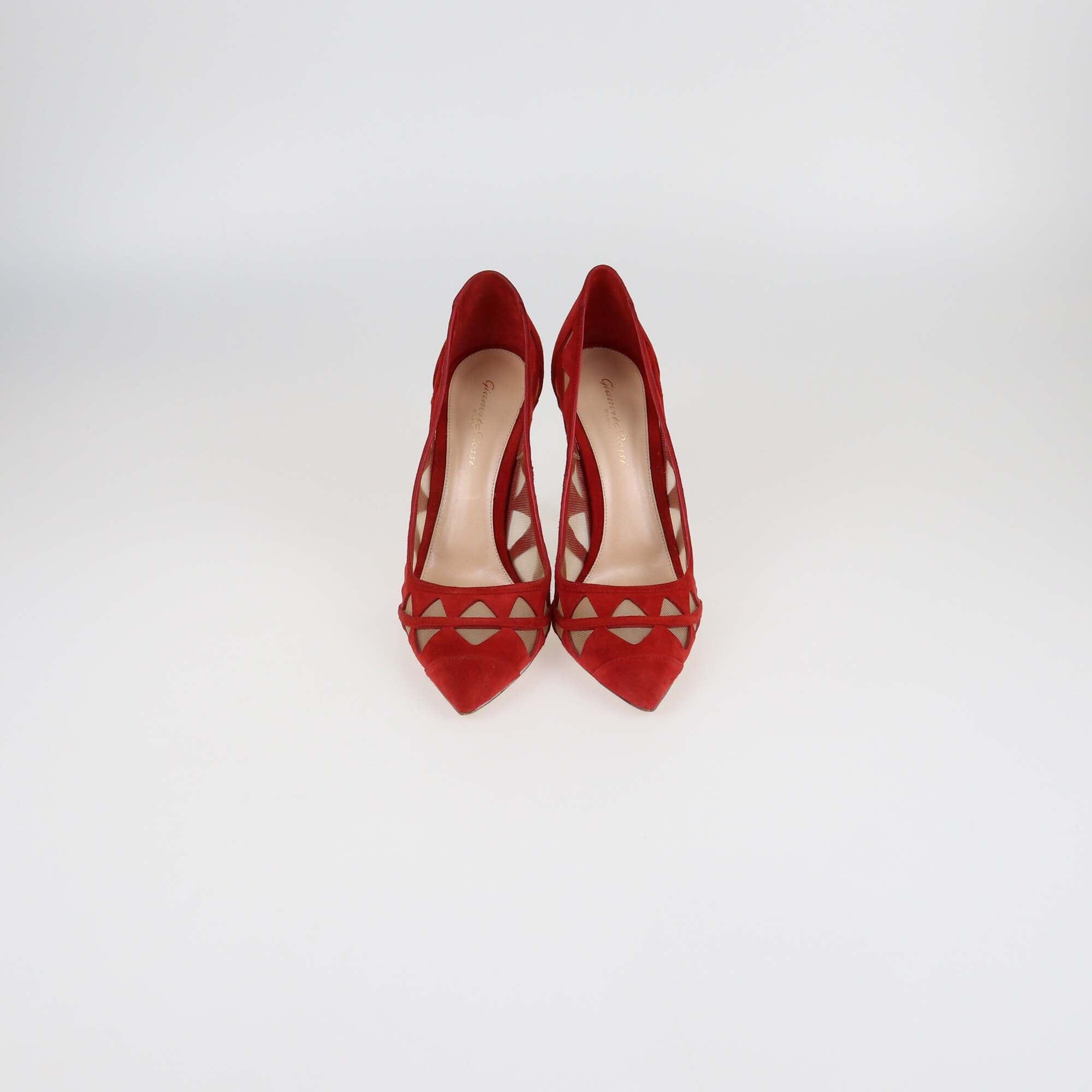 Gianvito Rossi Red Suede and Mesh Maxine Laser Cut Pointed Toe Pumps Womens Gianvito Rossi 