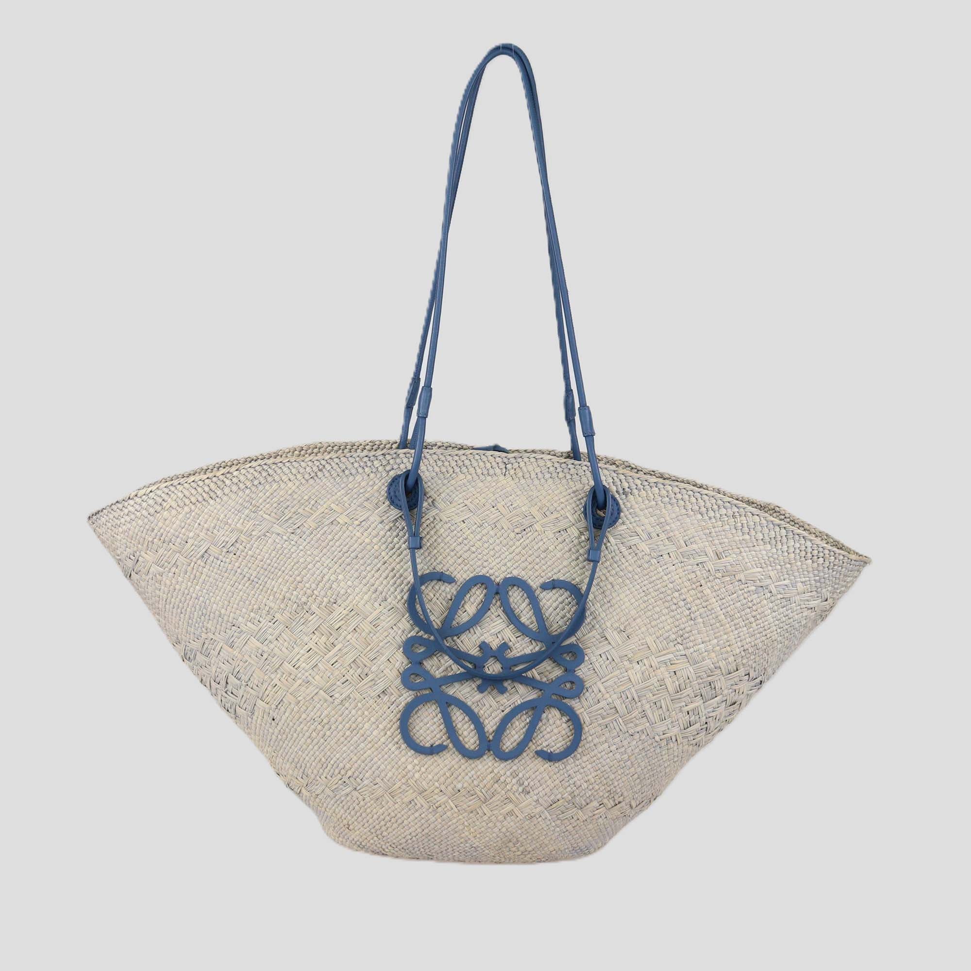Loewe Navy Blue/Natural Palm Large Anagram Basket Tote