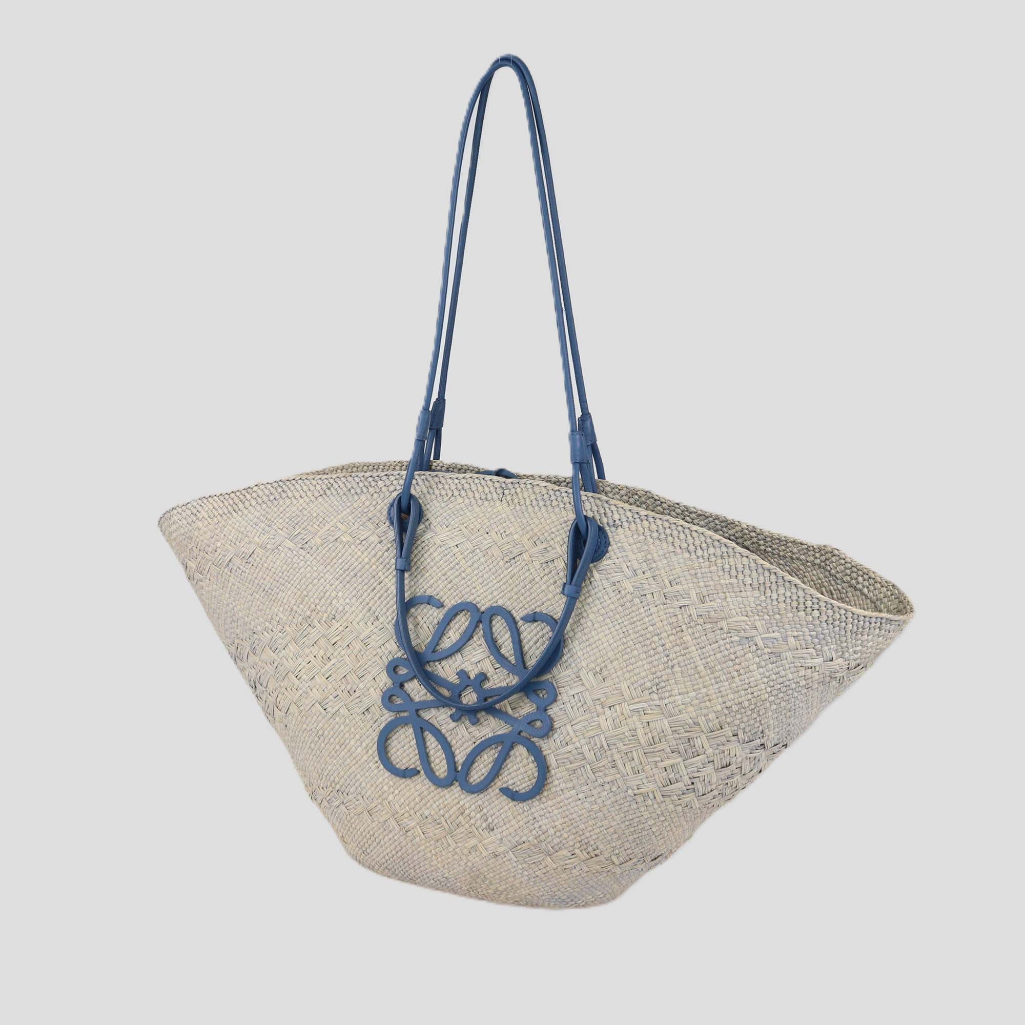 Loewe Navy Blue/Natural Palm Large Anagram Basket Tote