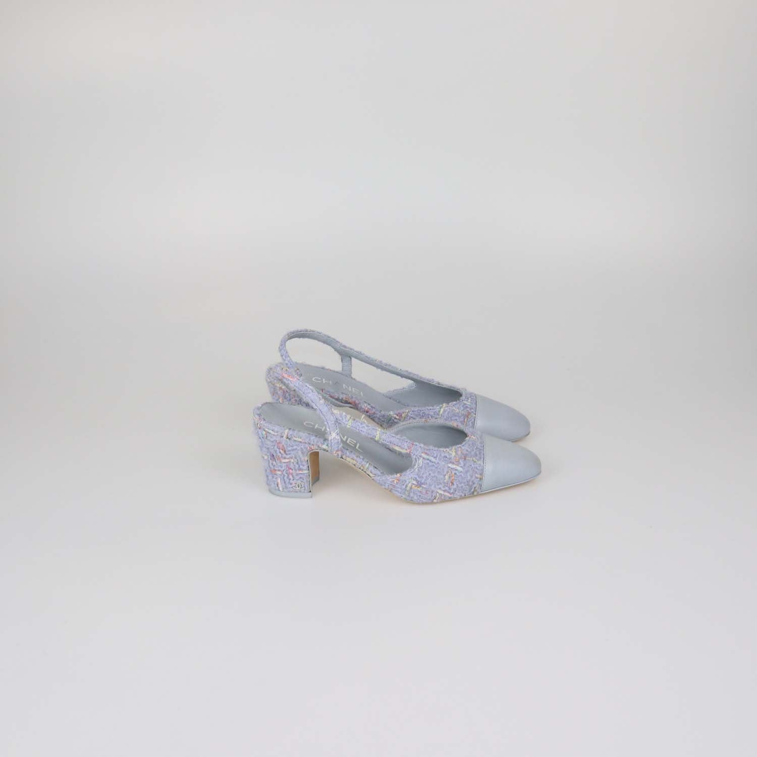 Chanel Light Blue Tweed and Leather Cap Toe Slingback Pumps