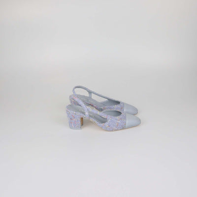 Chanel Light Blue Tweed and Leather Cap Toe Slingback Pumps