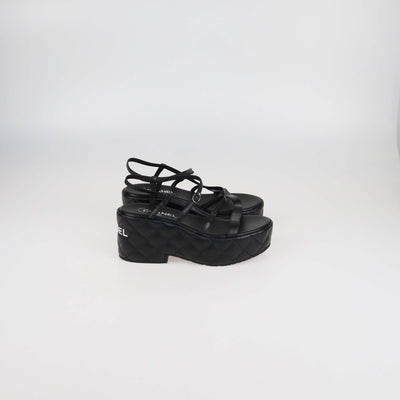 Chanel Black Quilted Leather Logo Wedge Ankle Strap Sandals Womens Chanel 