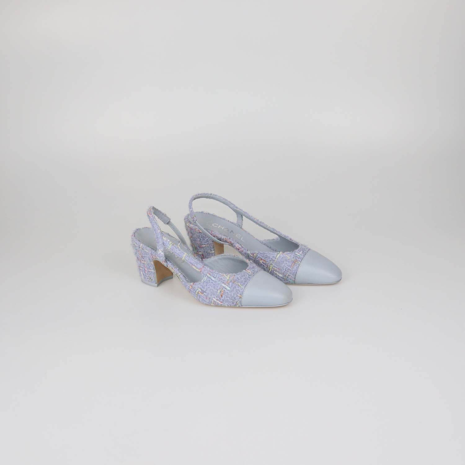 Chanel Light Blue Tweed and Leather Cap Toe Slingback Pumps