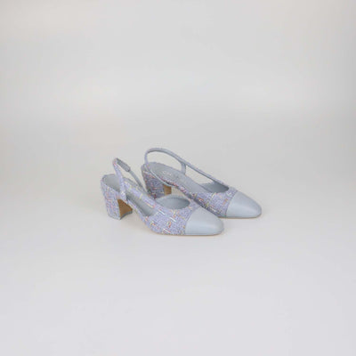 Chanel Light Blue Tweed and Leather Cap Toe Slingback Pumps
