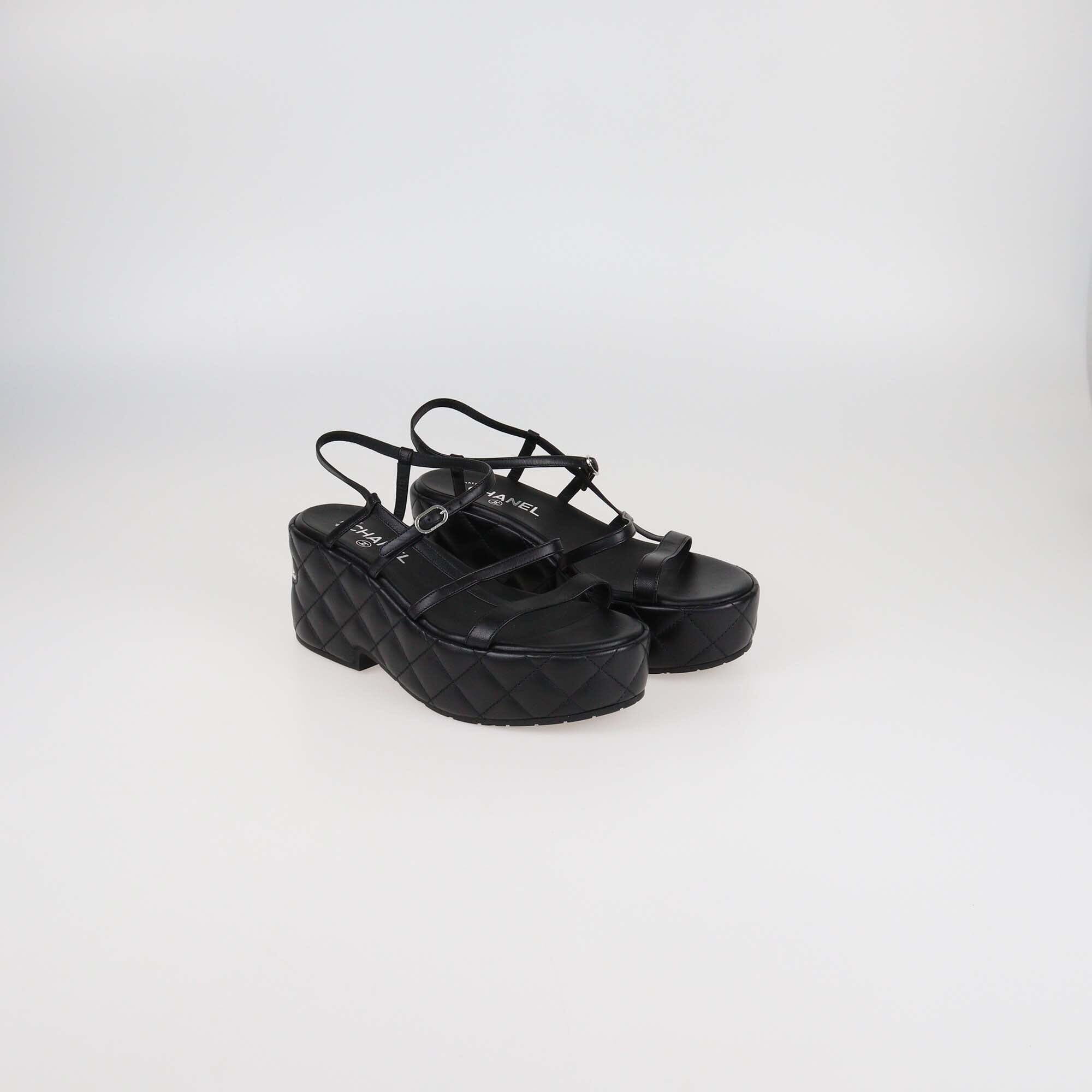 Chanel Black Quilted Leather Logo Wedge Ankle Strap Sandals Womens Chanel 